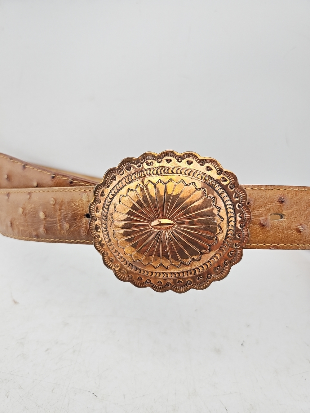 Tony Lama Tan Leather Belt with Metal Concho Buckle Stamped Marcella James